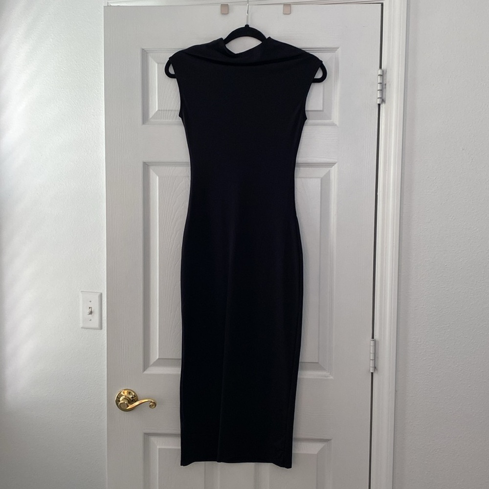 Zara Black Sheath Midi Dress Mock Neck Cap Sleeve - Picture 2 of 4